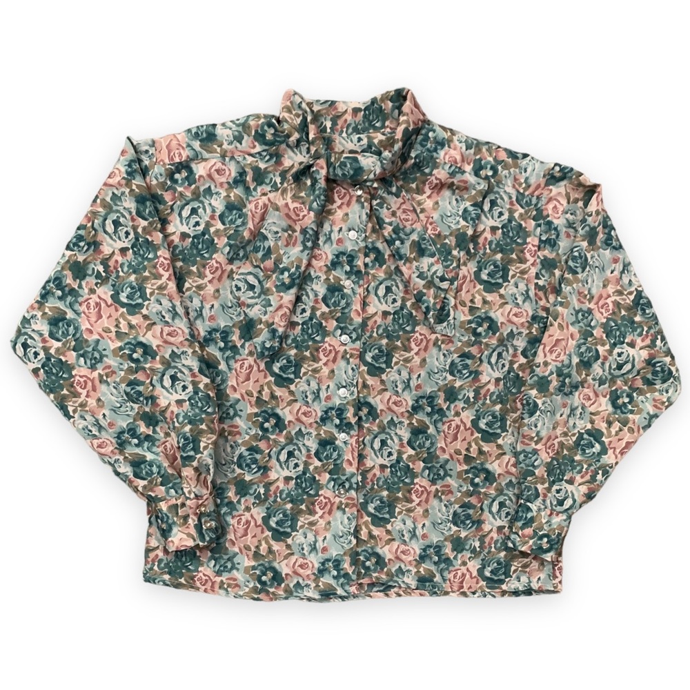 Vintage 1970s Boho Floral Print Ascot Tie Long Sleeve Button Down Blouse Top
